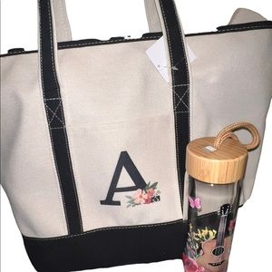 New bundle .. Monogrammed initial A tote / floral Guitar Glass cup